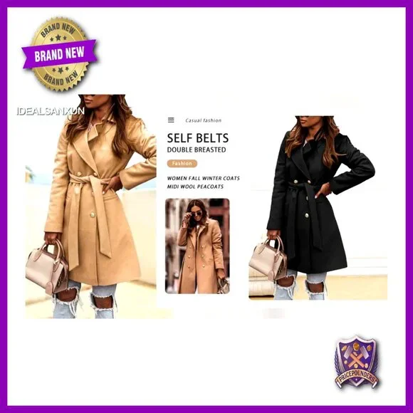 Wool Trench Coat Double Breasted Belted Classic Fall Winter Peacoat - Picture 4 of 4